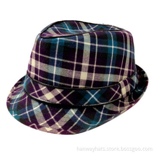 Plaid Small Children's Fedora Hat with Self Band and Black PU Binding On Top Crown and Hat Band
